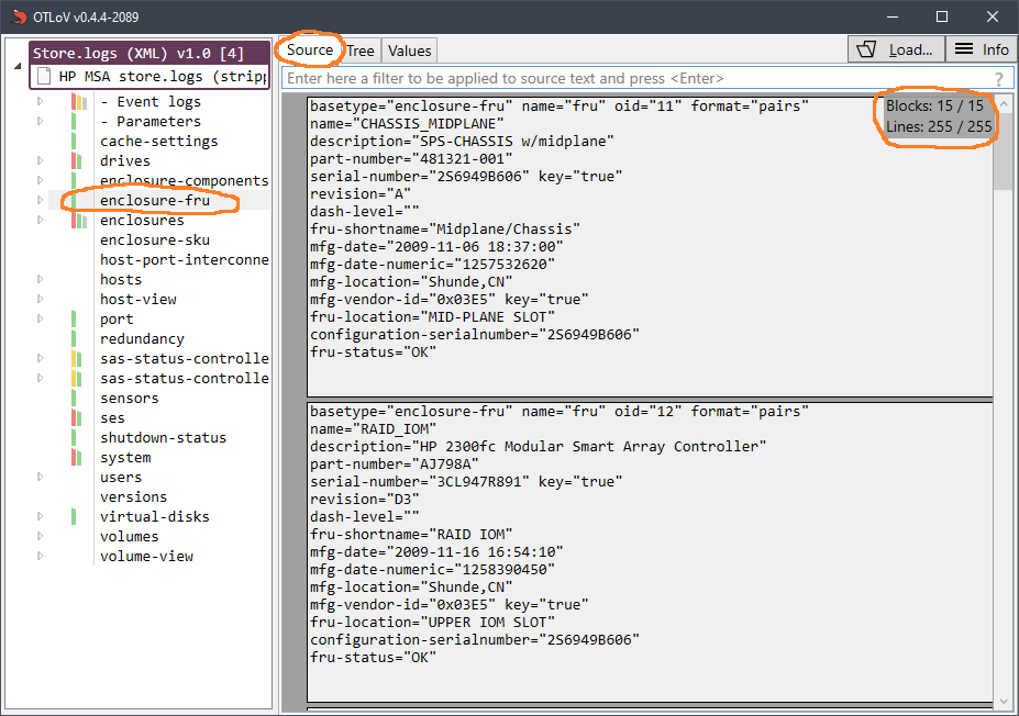 OTLoV enclosure FRUs selected in navigation tree with Source tab screenshot