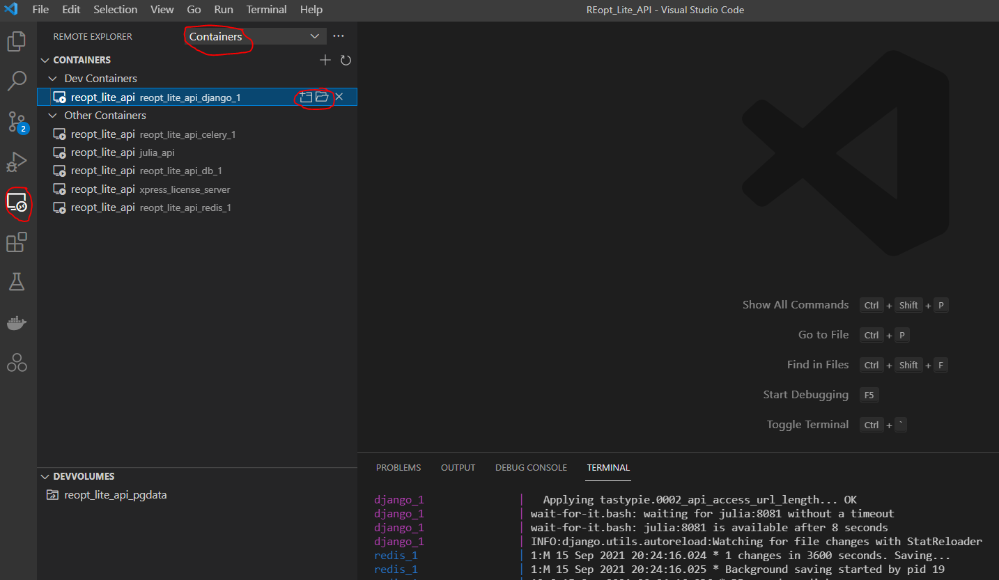 Figure 1 - Select the container to remote into in the Remote-Containers extension