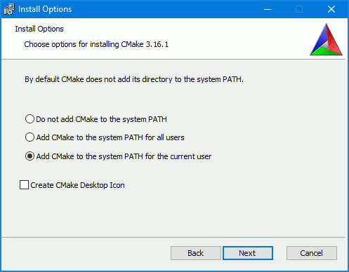 MinGW-64 CMake installation window