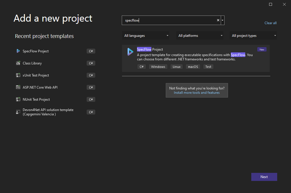 new specflow project
