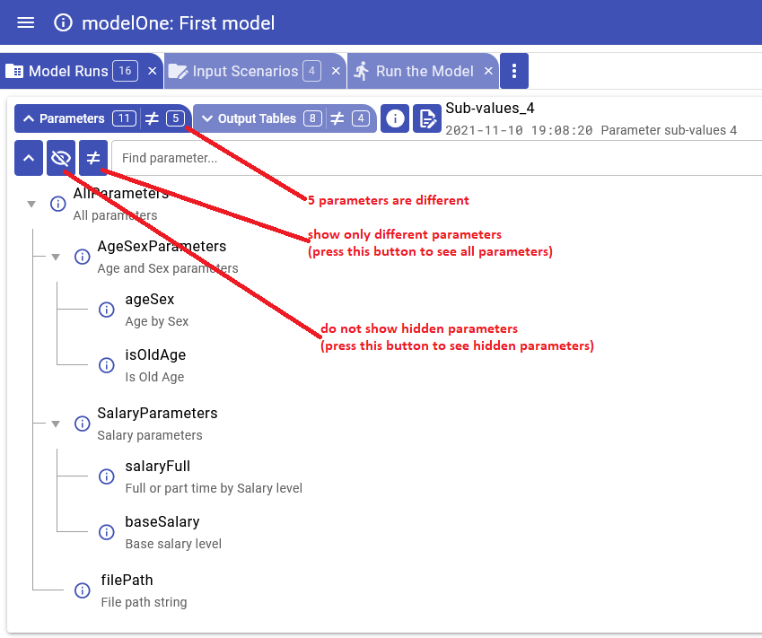 OpenM++ UI: compare run parameters