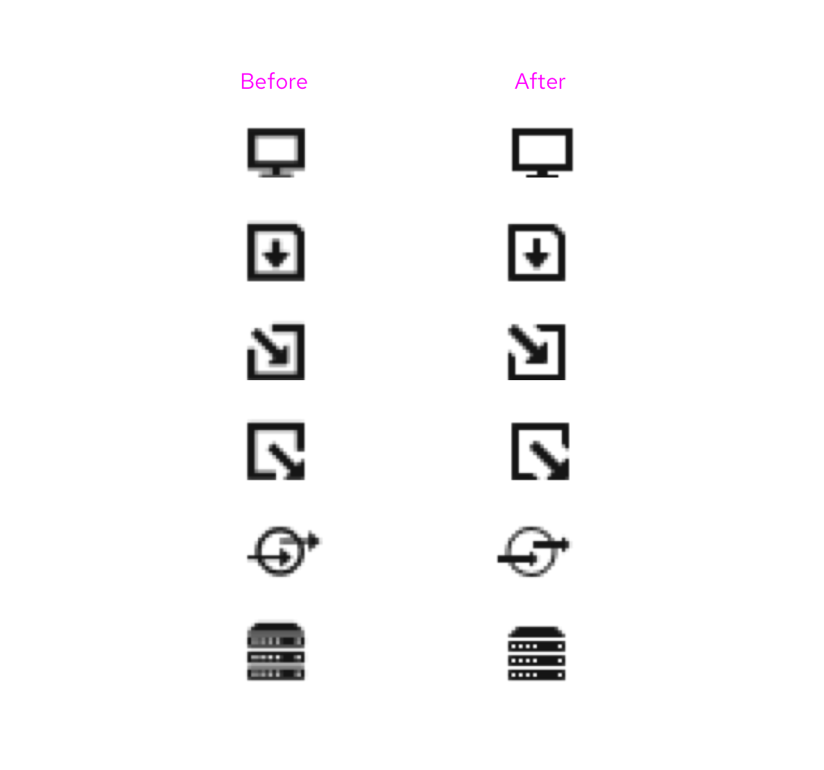 before and after examples of icons after applying grid alignment